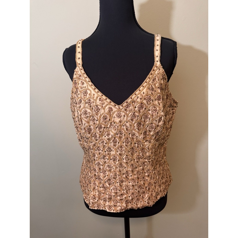 Vintage Y2K Camisole Top 100% Silk Beaded Gold & Brown Floral By Spiegel Size 12